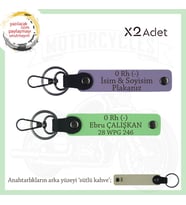 Bikerlar İçin Özel, İsim Plaka ve 0 Rh (-) Kan Grubu Yazılı Hediye x2 Anahtarlık Set, Mor-F Yeşil-SK (Çok Renkli)