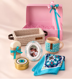 Ng Gifts Premium Kişiye Özel Fotoğraflı Çerçeveli El Emeği Örgü Sepette Turkuaz Hediye Seti