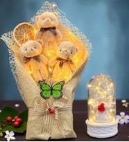 Led Işıklı Büyük Boy Peluş Ayıcık Buketi ve Led Işıklı Biblolu Fanus Hediye Seti (Model 2)