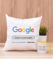 Kişiye Özel Google Tasarım Esprili Kare Yastık ve Sarı Kupa