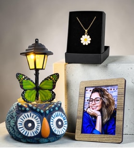Fotoğraflı Baykuş Masa Lambası & Tasarım Kolye Hediye Seti