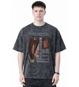 Tasarım Eren Yeager Attack On Titan Anime Baskılı Unisex Oversize Eskitme Yıkamalı Tişört