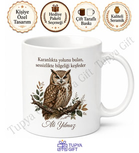 Baykuş Temalı Baskılı Kupa Bardak Hediye Özel Tasarım Porselen Mug