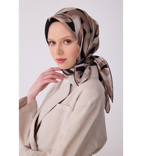 Geometrik Desen İpek Twill Eşarp  - 2026 İlkbahar-Yaz (T)  4327 (Vizon)
