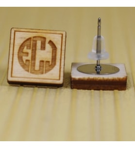 Monogram Yazılı Gümüş Kaplama ve Ahşap Kare Küpe bms668