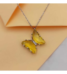  Gümüş Kolye Cam Kelebek Sarı Taşlı 925 Ayar