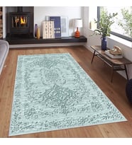 Turkuaz Osmanlı Motifler Eskitme Yıkanabilir Kaymaz Taban Leke Tutmaz Modern Salon Halısı ve Yolluk