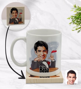 BK Gift Kişiye Özel Baba Godfather Karikatürlü Beyaz Kupa Bardak ve Ahşap Bardak Altlığı Hediye Seti - Model 6