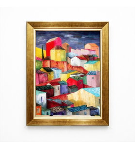 Tablore Renkli Evler Geometrik Soyut Sanat Gold Çerçeveli Duvar Tablosu