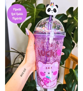 Çılgın Suluk Pipetli Cam Görünümlü Led Işıklı 450 ML Çift Katman Mika 2093 Mor