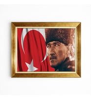 Tablore Kalpaklı Atatürk ve Dalgalanan Türk Bayrağı Temalı Kanvas Tablo Ofis Salon Duvar Tablosu