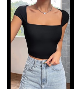 Fantezia Night Kadın Siyah Kare Yaka Yarım Kol Göğüs Dekolteli Crop Top Bluz