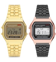 Özel Kutulu Retro Gold ve Siyah - Rose Gold Renk 2 Adet Retro Model Unisex Kol Saati Çiftlere Sevgili ve Yakın Arkadaşa Özel Hediye Takvim Alarm Aydınlatma ve Kronometre Özellikleri Mevcuttur