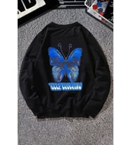 Unisex Butterfly Baskılı Bisiklet Yaka Sweatshirt (Siyah)