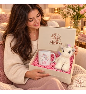Mirellora Unicorn Peluşlu Hediye Kutusu – İsim Baskılı Kupa