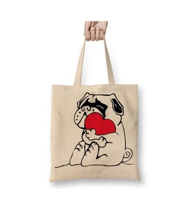 Kalpli Pug Köpek Aşk Dogs Beyaz Bez Çanta Uzun Saplı Alışveriş Çantası Plaj Çantası