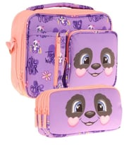 Kaukko Kids Kız Çocuk Mor Somon Panda Desenli Üç Bölmeli Thermo Beslenme Çantası ve Kalemlik Seti (L7233+L8233)