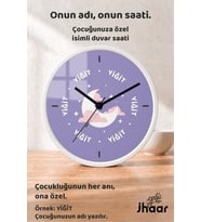 İsme Özel Mor Ay ve Bulutlar Çocuk Odası Duvar Saati Orta Boy 30 cm Beyaz Camlı Sessiz
