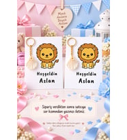 ASLAN MODEL 15 Adet Kartlı İstiridye Anahtarlık - Doğum Günü Hediyelik Hoşgeldin Bebek Hediyeliği
