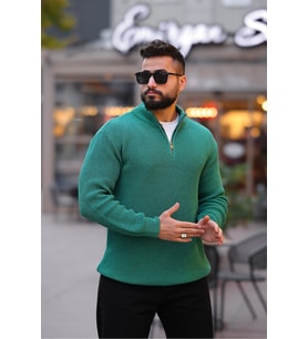 Kalın Örgü Fermuarlı Kazak (Yeşil)