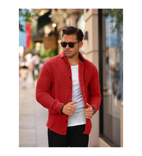 Erkek Slim Fit Peluş Gömlek Kırmızı Edw014