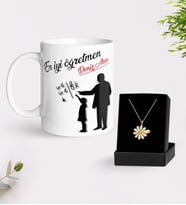 BK Gift Kişiye Özel Öğretmenler Günü Beyaz Kupa ve İsimli Papatya Kolye Hediye Seti- 6, Öğretmene Hediye, Öğretmenler Günü
