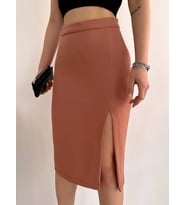 Uzun midi boy yırtmaçlı etek somon s24907