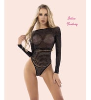 Intive Fantasy Arkası Tanga Kesim Sırt Dekolteli Uzun Kollu Taşlı Büstiyer/Vücut Çorabı (Siyah)