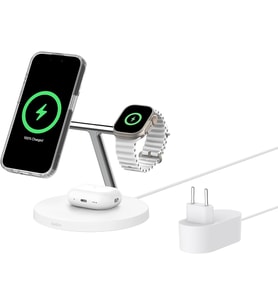 BoostCharge 3'ü 1 Arada Qi2 şarj cihazı, MagSafe uyumlu kablosuz şarj istasyonu, Apple iPhone 17 Serisi, Apple Watch, Kaymaz Tabanlı AirPods için Qi2 Kablosuz Şarj Aleti, PSU Dahil - Beyaz