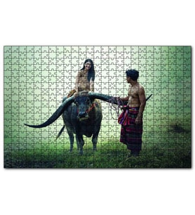 Cakapuzzle Boynuzlu Manda Genç Kız ve Erkek  Puzzle Yapboz MDF (Ahşap) (120 Parça)