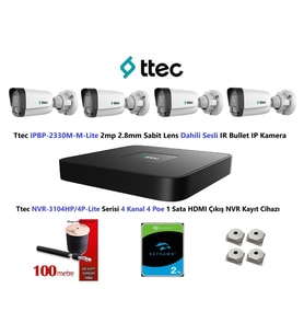 Ttec 2mp Mikrofonlu 4 Kameralı 2TB Disk Tak Çalıştır Hazır IP Kamera Seti