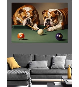 Bilardo Oynayan Sevimli Bulldog Köpekleri Dekoratif Kanvas - Mdf Ahşap Tablo