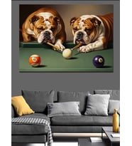Bilardo Oynayan Sevimli Bulldog Köpekleri Dekoratif Kanvas - Mdf Ahşap Tablo