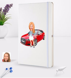 BK Gift Kişiye Özel Plakalı Kadın Audi A3 Karikatürlü Beyaz Termo Deri Defter 16x24cm Model 1