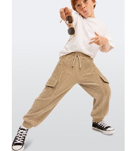 Erkek Çocuk Jogger Pantolon Cepli Fitilli Kadife Bej Kışlık (5-10 Yaş)