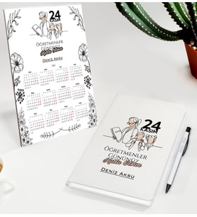 BK Gift Kişiye Özel İsimli Öğretmenler Günü Tasarımlı Defter Tükenmez Kalem ve Masaüstü 2024 Takvim Hediye Seti - 2, Öğretmene Hediye, Öğretmenler Günü