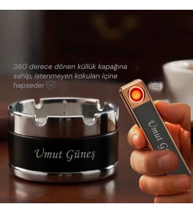İsme Özel Şarjlı Çakmak Küllük - Babaya Sevgiliye Eşe Arkadaşa Lüks Hediye Seti