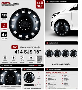 Chevrolet Uyumlu 16 Inc Kırılmaz Parlak Siyah Jant Kapağı 1 Takım 4 Adet No:414