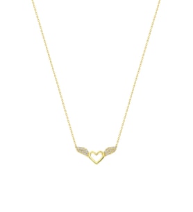 925 Ayar Gümüş Gold Kaplama Beyaz Taşlı Mini Kanatlı Kalp Kolye