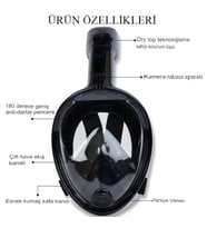 Reidan Siyah Tam Yüz Dalış Maskesi Su Altı Keşif Maskesi Slikon Şnorkel Full Face Mask