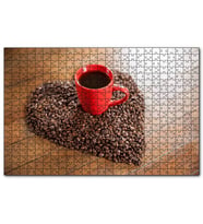 Cakapuzzle Kalp Şeklinde Kahve Çekirdekleri ve Kırmızı Fincanda  Puzzle Yapboz MDF (Ahşap) (120 Parça)