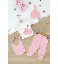 Kız Bebek Beyaz Natural % 100 Pamuk Kumaş 5 Li Hastane Çıkışı Seti STL6999