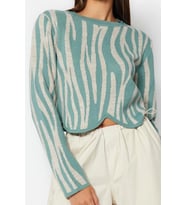 Stil Modern Kadın Crop Standart Kol Bisiklet Yaka Renk Bloklu Triko Kazak (Mint)