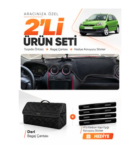 FORD FİESTA TİP 1 (2002-2009) Uyumlu Torpido Örtüsü + Deri Bagaj Çantası + Sticker Seti - Siyah