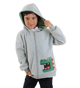 Dinozor Erkek Çocuk Fermuarlı Kapüşonlu Gri Sweatshirt