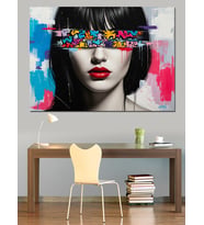 Pop Art Göz Bantlı Kırmızı Rujlu Siyah Beyaz Kadın Yüzü  Dekoratif Kanvas - Mdf Ahşap Tablo