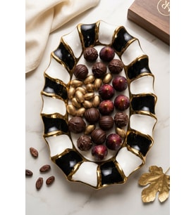 Lüks Dalgalı Kenar Porselen İkram Tabağı 36X23 CM OVAL SUNUMLUK SİYAH-BEYAZ