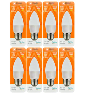 (8 Adet) Osaka 9W (70W) Sarı Işık (3000K) E27 Duylu (Kalın Duy) Led Mum Ampul