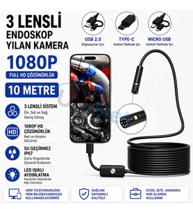 Uninet Türkiyede Ilk 10 Metre 3 Kameralı Android ve Bilgisayar Uyumlu Endoskop Yılan Kamera 1080P Full Hd
