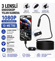 Uninet Türkiyede Ilk 10 Metre 3 Kameralı Android ve Bilgisayar Uyumlu Endoskop Yılan Kamera 1080P Full Hd